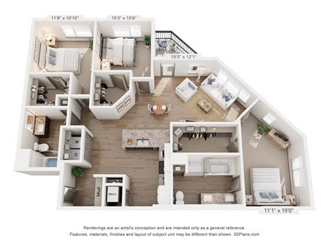 Floor plan for 3 beds, 2 baths, 1455 sqft